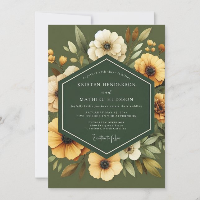 Oliven-goldene botanische Hochzeit Einladung (Vorderseite)