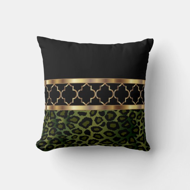 Oliven Green, Black & Gold Quatrefolie und Leopard Kissen (Vorderseite)