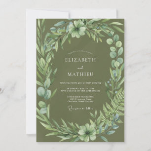 Oliven-grüner botanischer Kranz Hochzeit Einladung