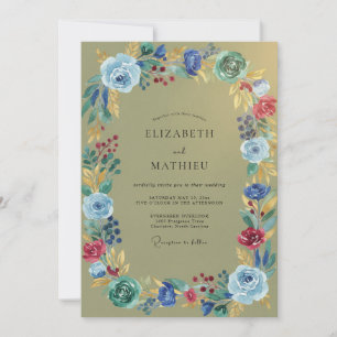 Oliven-Kobalt-Wildblumen-Hochzeit Einladung