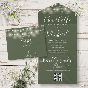 Oliven-Lichterkette QR-Code Monogramm Hochzeit All In One Einladung