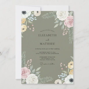Oliven-Mauve-Wildblumen-Hochzeit Einladung
