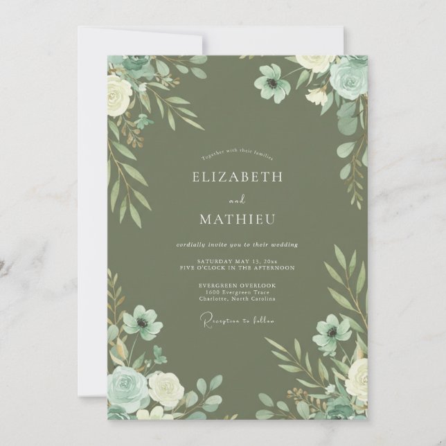Oliven-Minz-Wildblumen-Hochzeit Einladung (Vorderseite)
