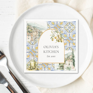 Oliven-Mittelmeer-Gelb-Blau-Fliesenmuster Serviette