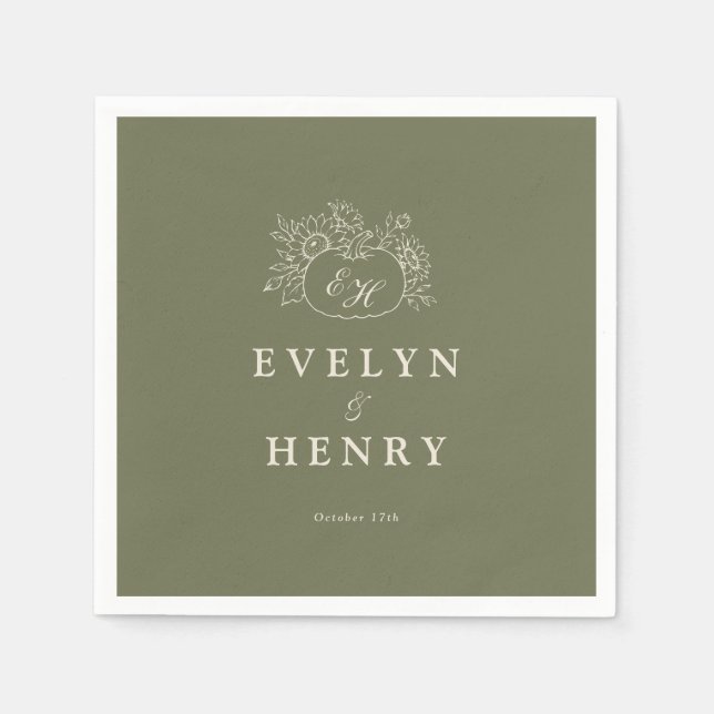 Oliven-Sage-Monogramm-Hochzeitsservietten Serviette (Vorderseite)