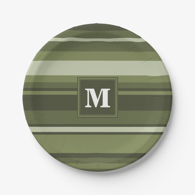Oliven-Streifen in Monogramm Pappteller (Vorderseite)