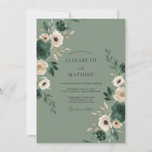 Oliven-Wasserfarben-Blüten-Hochzeit Einladung