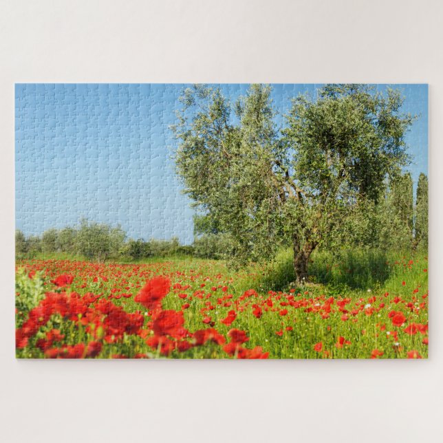 Olivenbaum auf dem Mohnblumengebiet im Sommer Puzzle (Horizontal)
