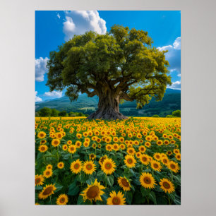 Olivenbaum im Sonnenblumenfeld Poster