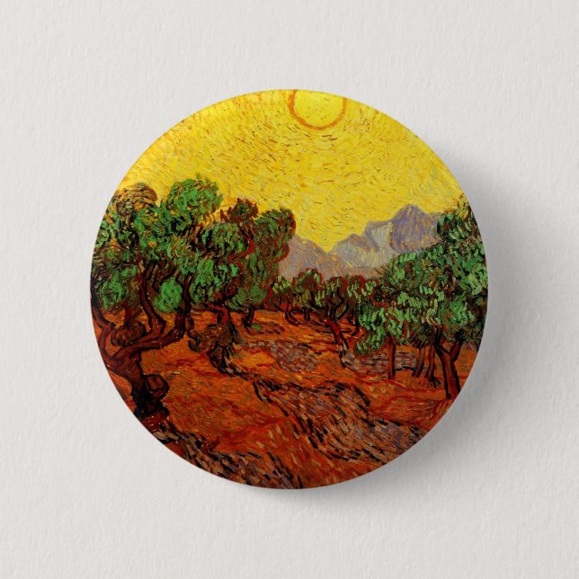 Olivenbäume mit gelbem Himmel und Sonne Button (Vorderseite)