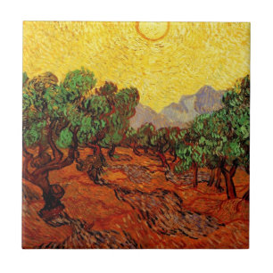 Olivenbäume mit gelbem Himmel und Sonne Fliese