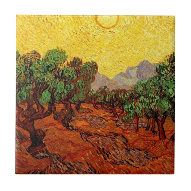 Olivenbäume mit gelbem Himmel und Sonne Fliese (Vorderseite)