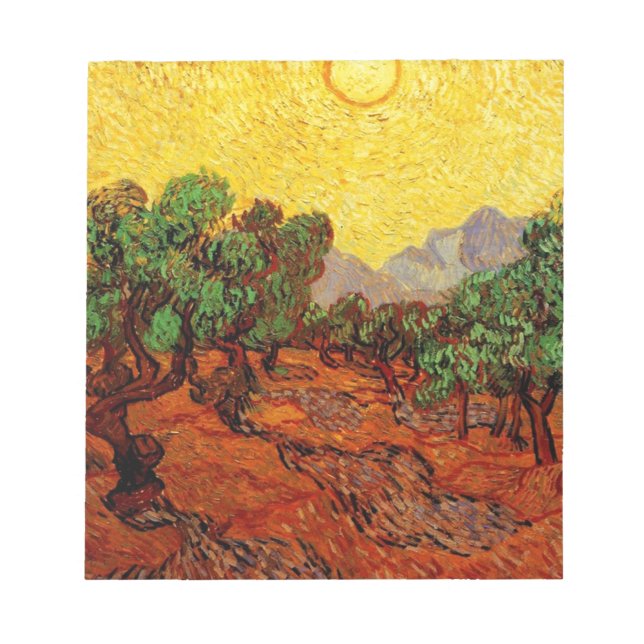 Olivenbäume mit gelbem Himmel und Sonne Notizblock (Vorderseite)