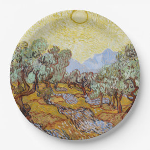 Olivenbäume mit gelbem Himmel und Sonne Pappteller