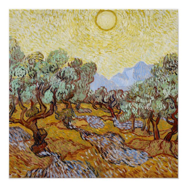 Olivenbäume mit gelbem Himmel und Sonne Poster (Vorderseite)