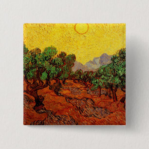 Olivenbäume mit gelbem Himmel und Sonne Van Gogh Button