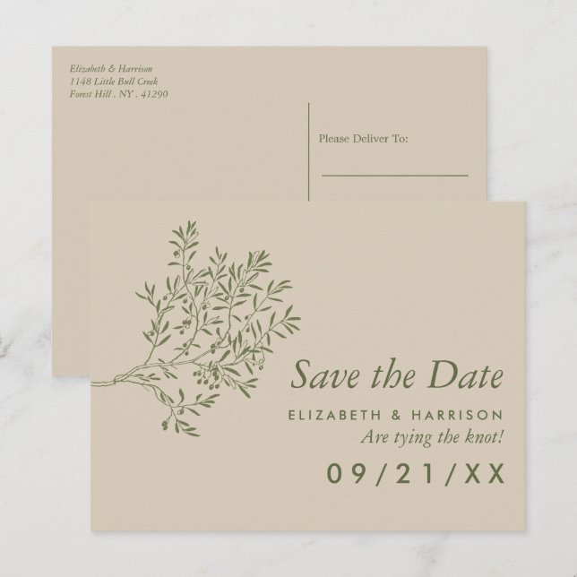 Olivenbaumzweig, Rustikale Hochzeit retten das Dat Ankündigungspostkarte (Vorne/Hinten)