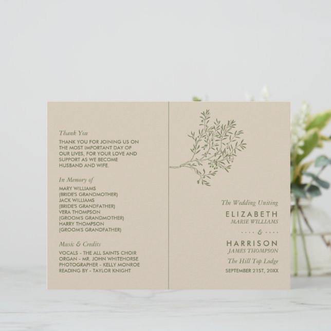 Olivenbaumzweig, Rustikales Hochzeitsprogramm (Stehend Vorderseite)