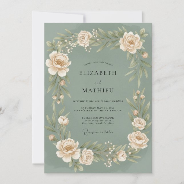 Olivenbemalte Petal-Hochzeit Einladung (Vorderseite)