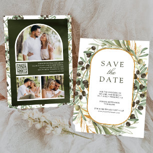 Olivenblätter-Foto-Collage-QR-Code-Hochzeit Save The Date