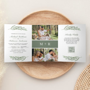 Olivenblätter Zweig Foto-Collage QR-Code Hochzeit Dreifach Gefaltete Einladung