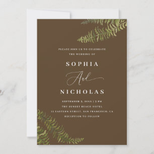 Olivenbraune Wald-Farn-Foto-QR-Code-Hochzeit Einladung