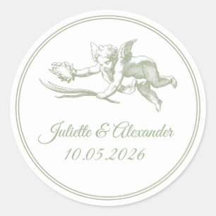 Olivenfarbene Toile de Jouy Cupid Klassische Runde Runder Aufkleber