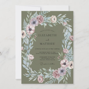 Olivenfarbener Vintage-Mauve-Kranz Hochzeit Einladung