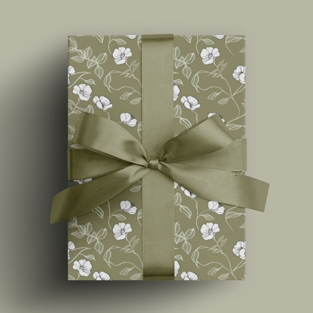Olivengrün Blumen Einfache Linie Kunst Weißes Blum Geschenkpapier (Olive green Floral Simple Line art White Flower Wrapping Paper)
