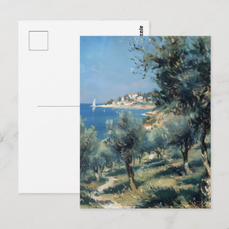Olivenhain mit Küstenort und Meer Postkarte