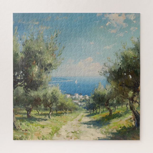 Olivenhain mit Küstenort und Meer Puzzle (Vertikal)