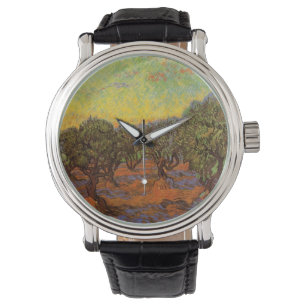 Olivenhain, orangener Himmel von Vincent van Gogh Armbanduhr