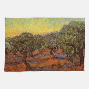 Olivenhain, orangener Himmel von Vincent van Gogh Geschirrtuch