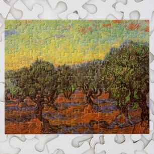 Olivenhain, orangener Himmel von Vincent van Gogh Puzzle