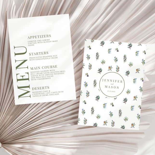 Olivenhaine Grüne Blätter Hochzeitsmenu Begleitkarte (Von Creator hochgeladen)