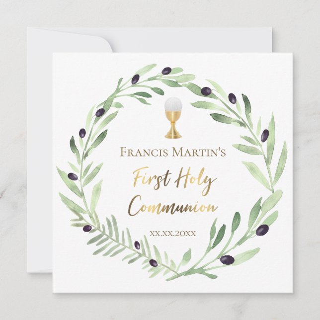 Olivenkranz Wasserfarbe Erste heilige Kommune Einladung (Vorderseite)