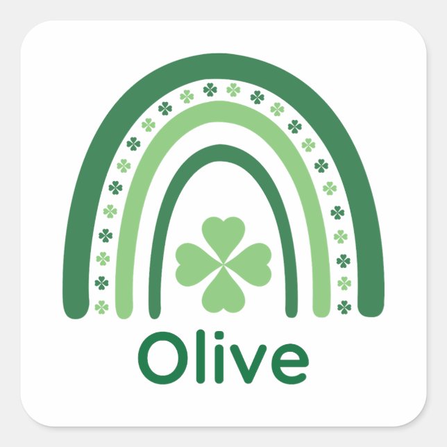 Olivenname Clover Boho Rainbow Quadratischer Aufkleber (Vorderseite)