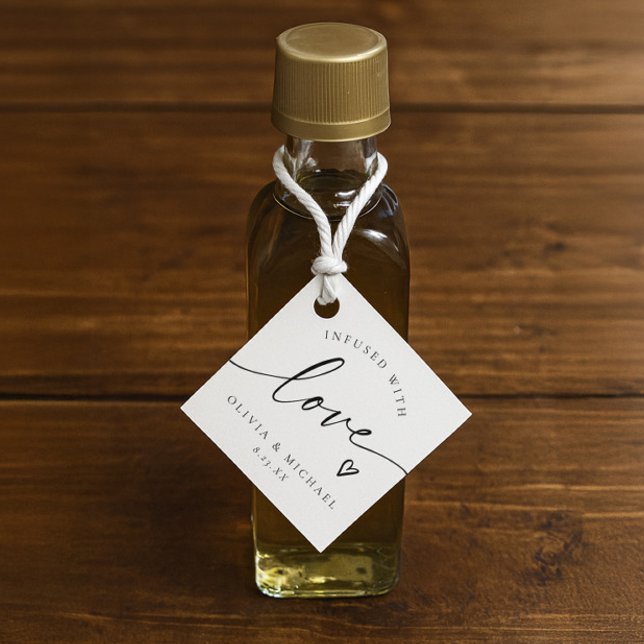 Olivenöl mit Liebe Herz Hochzeit Geschenkanhänger (Mini olive oil wedding-favor tags with modern handwriting and a hand drawn heart. Infused with love.)