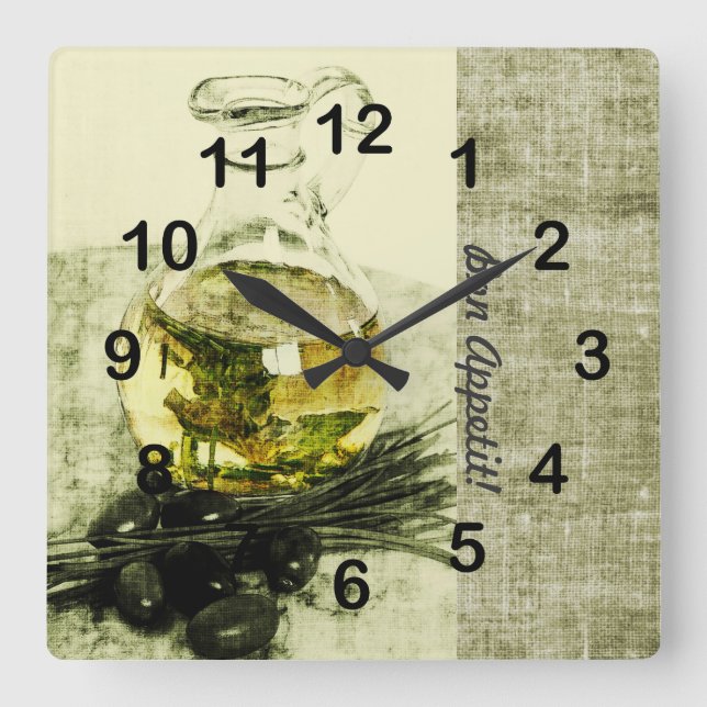 Olivenölflasche Kochen Stillleben Quadratische Wanduhr (Vorderseite)