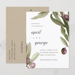 OLIVENWASSERFARBE FLIAGE FLORAL SAVE THE DATE CARD ANKÜNDIGUNGSPOSTKARTE