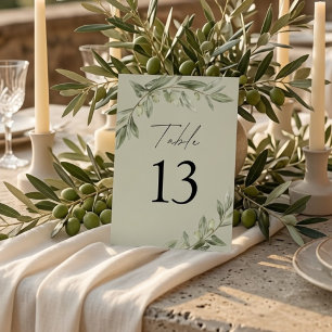 Olivenzweig-Hochzeit Salbeigrün Tischnummer