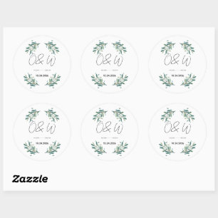 Olivenzweig-Hochzeitseinladung elegante Salbeigrün Runder Aufkleber