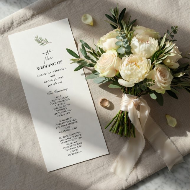 Olivenzweig Hochzeitsprogramm | Minimalistisch  Menükarte (Von Creator hochgeladen)
