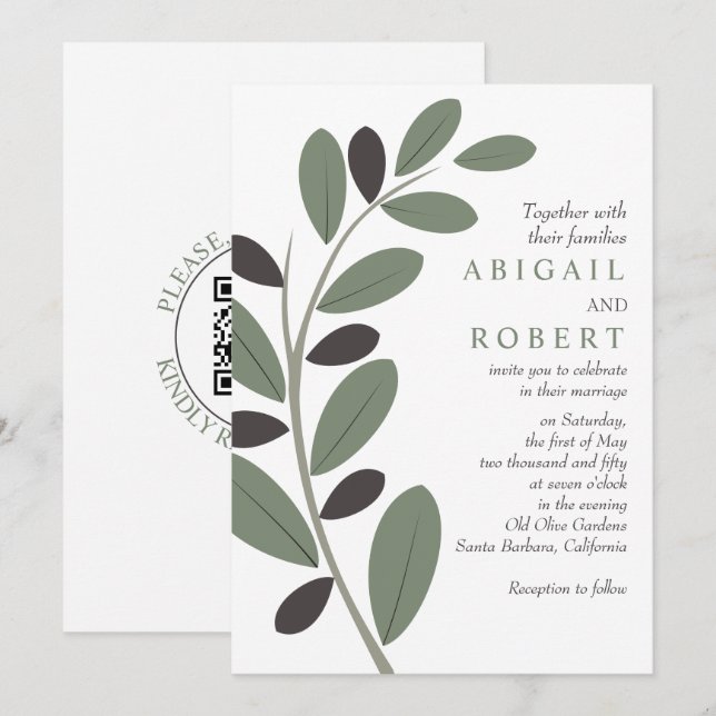 Olivenzweig Mittelmeercharme QR Code Hochzeit Einladung (Vorne/Hinten)