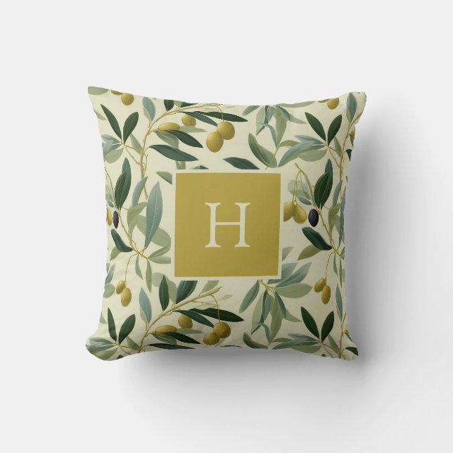 Olivenzweig-Monogramm-Initial Botanisch Kissen (Vorderseite)