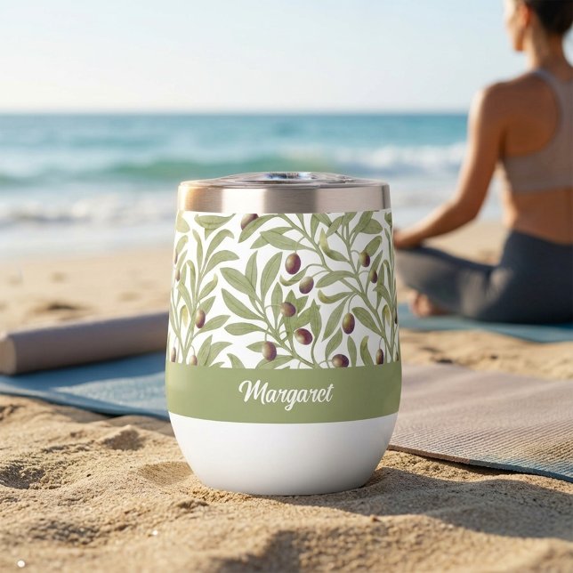 Olivenzweig Name Monogramm Salbeigrün (Olive Branch Name Monogram Sage Green Thermal Wine Tumbler)