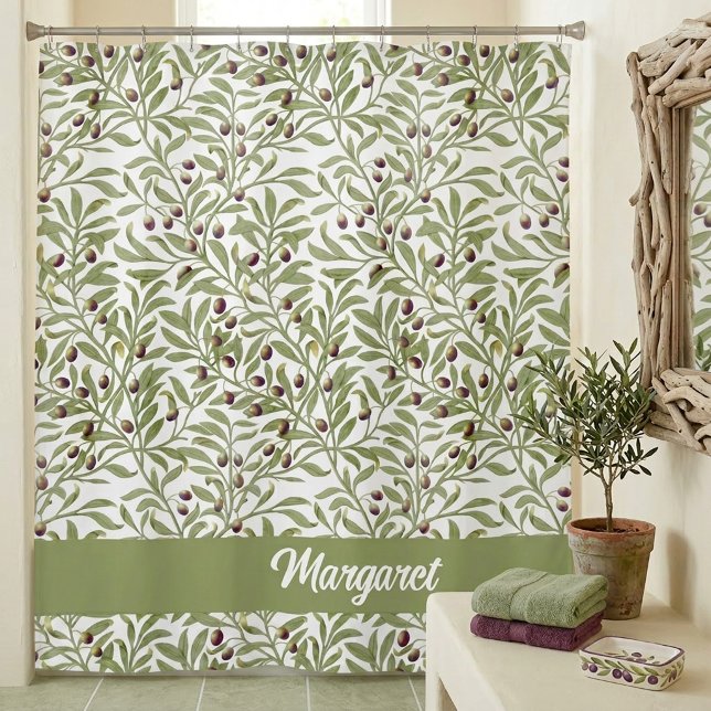 Olivenzweig Salbei Grün Botanisches Monogramm Duschvorhang (Olive Branch Sage Green Botanical Monogram Shower Curtain)