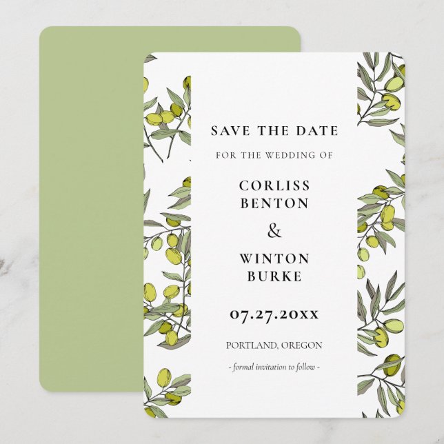 Olivenzweig Save the Date Einladung (Vorne/Hinten)