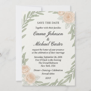 Olivenzweig und Pfirsichrose Aquarell-Hochzeit  Einladung