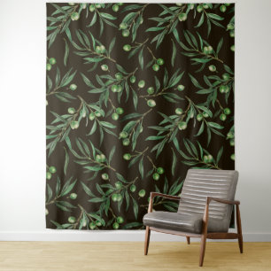 Olivenzweige Aquarellfarben auf schwarz Wandteppich